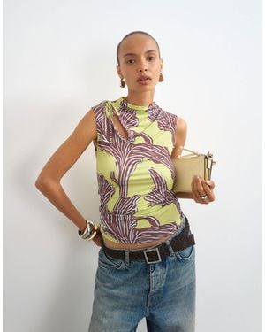 TOPSHOP Printed Ruched Neck Tie Cut Out Top - Green