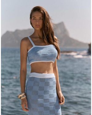 4th & Reckless Gehaakte Crop Strandtop Van Katoenmix Met Vierkante Hals En Gemengde Ruitjes - Blauw