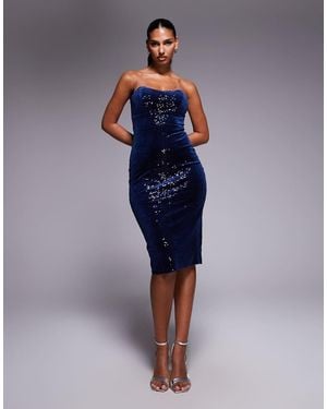 Goddiva Bandeau Sequin & Velvet Midi Dress - Blue