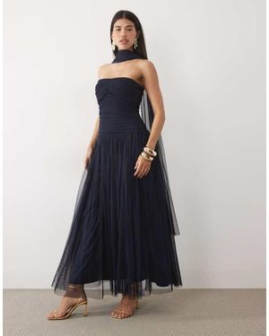 LACE & BEADS Tulle Bandeau Shaped Waistband Scarf Detail Maxi Dress - Blue