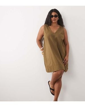 ASOS Asos Design Curve Cotton Linen V Neck Smock Mini Dress - Brown