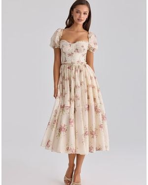 House Of Cb Penelope Ivory Vintage Rose Print Chiffon Midi Dress - Natural