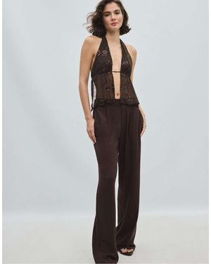 Stradivarius Embroidered Halter Top With Rhinestones - Brown