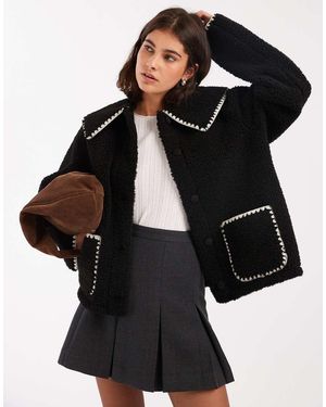 Miss Selfridge Blanket Stitch Borg Collar Detail Jacket - Black