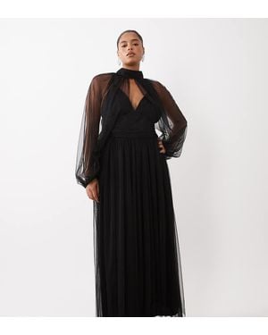 Lace & Beads Plus Vestido Maxi De Tul Transparente Con Mangas Globo Y Cuello Alto Con Escote Pronunciado - Negro