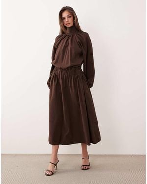 ASOS Zip Through Poplin Volume Pleat Maxi Dress - Brown