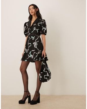 Sister Jane Ripple Puff Sleeve Bow Embellished Mini Dress - Natural