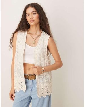 Y.A.S Gilet Da Festival Premium Aperto Taglio Lungo Color Crema All'Uncinetto - Neutro