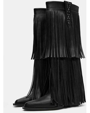 Pull&Bear Fringe High-Heel Boots - Black