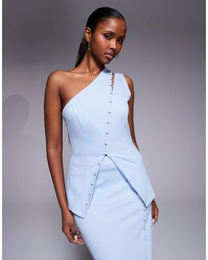 Kaiia Exclusive Structured Asymmetric Shoulder Button Through Detail Split Front Top Co-ord - Blue