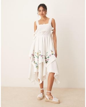 ASOS Square Neck Hanky Hem Midi Dress With Floral Embroidery - Natural