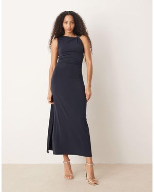 Mango Slinky Maxi Dress With Twist Shoulder And Hardware Detail - Blue