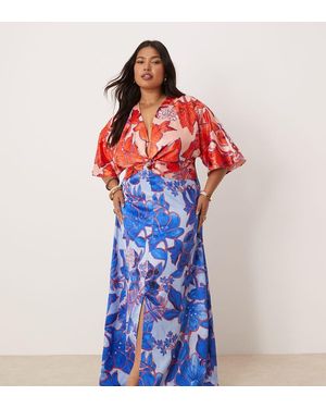 Hope & Ivy Plus Knot Front Kimono Maxi Dress - Blue