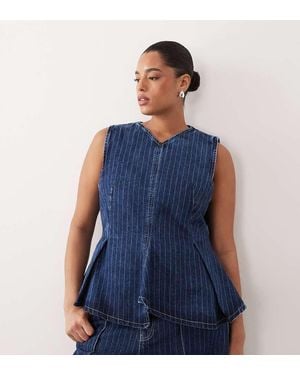 ARRANGE Curve Stitch Stripe Denim Pleated V Neck Top - Blue