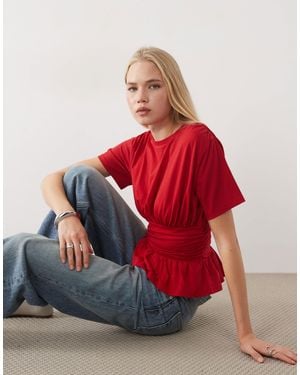 Miss Selfridge Gathe Peplum Hem Top With Waistband - Red
