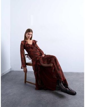 TOPSHOP Long Sleeve Ruffle Maxi Dress - Brown