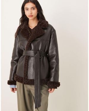 Gina Tricot Short Teddy Pu Belted Jacket - Brown
