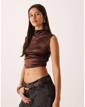 NARRATED Ruched High Neck Crop Top - Brown