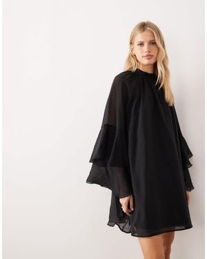 Aware Flared Sleeve High Neck Mini Dress - Black