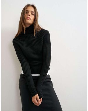 TOPSHOP Knitted Rib Yoke Long Sleeve Top - Black