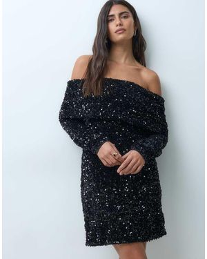 Threadbare Bardot Mini Jurk Met Lange Mouwen En Lovertjes - Zwart