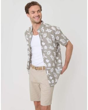 Threadbare Plant Print Cotton Short Sleeve Shirt - White