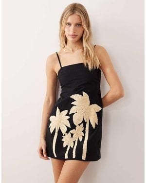 ASOS Cami Raffia Palm Detail Mini Sundress - Black