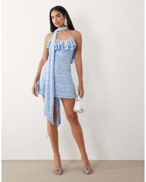 ASOS Devore Ruffle Scarf Detail Mini Dress - Blue