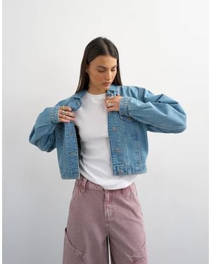 TOPSHOP – cropped-jeansjacke mit schulterpolstern - Blau