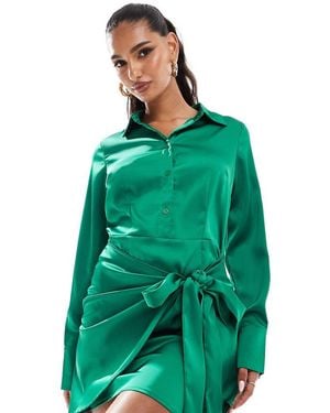 In The Style X Perrie Sian Exclusive Satin Wrap Tie Side Mini Shirt Dress - Green