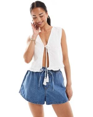 ONLY Embroidered Linen Mix Tie Front Top - Blue