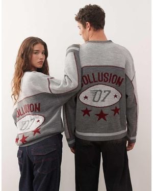 Collusion Unisex Knitted Racer Print Sweat - Grey