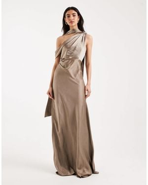 Six Stories Bridesmaid Satin Scarf Detail One Shoulder Maxi Dress - Natural