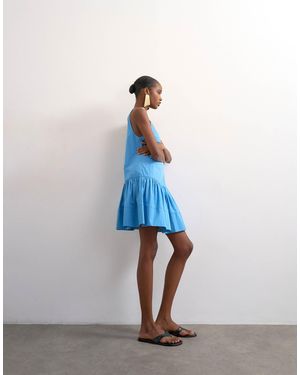 TOPSHOP Poplin Dropped Waist Square Neck Mini Dress - Blue