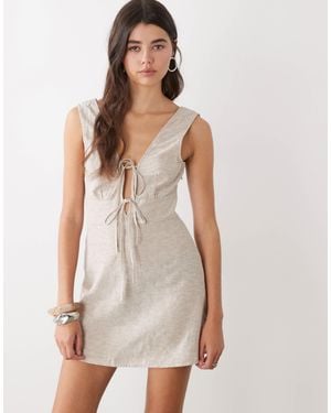 Monki Linen Blend Tie Front Mini Dress - White