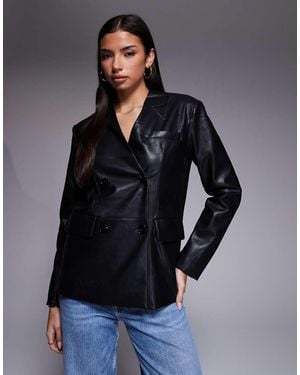 River Island Collarless Double Breasted Pu Blazer - Blue