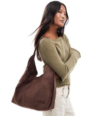 PASQ Faux Suede Slouch Tote Bag With Strap Detail - Brown