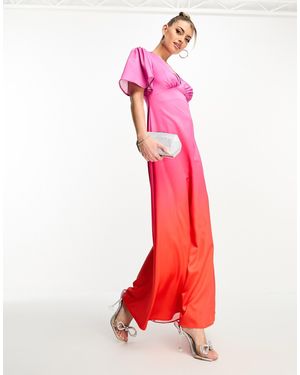 Flounce London Robe portefeuille longue à manches évasées et imprimé dégradé - rose et rouge