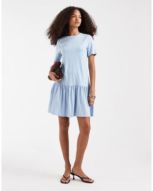 Pieces Drop Waist Short Sleeve Mini Dress - Blue