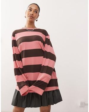 Monki Camiseta Burdeos Y Rosa A Rayas Ultragrande De Manga Larga De - Rojo