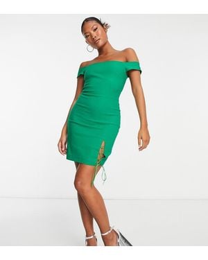 Vesper Petite Bengaline Bardot Mini Dress With Lace Up Side Detail - Green