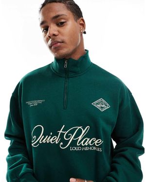 Bershka 1/4 Zip Printed Sweatshirt - Green