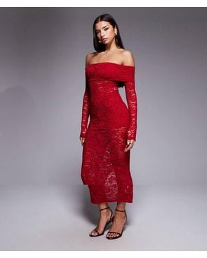 Murci Exclusive Sheer Lace Bardot Bodysuit And Foldover Waist Maxi Skirt Set - Red