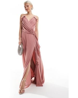 TFNC London Bridesmaid Wrap Front Chiffon Maxi Dress With Frill Detail And Split - Pink