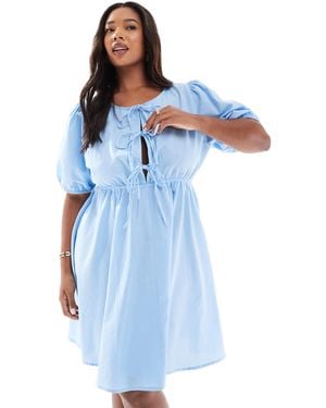 Esmee Curve Exclusive Tie Front Puff Sleeve Mini Beach Dress - Blue