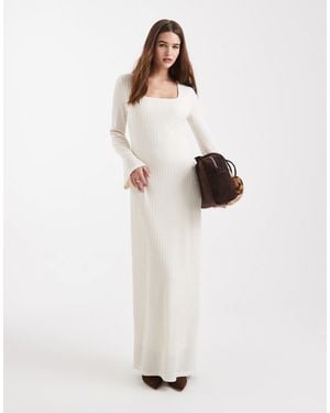 4th & Reckless Ribbed Jersey Square Neck Fluted Sleeves Maxi Dress - White