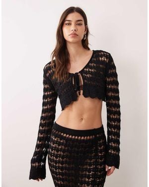 Miss Selfridge Crochet Long Sleeve Tie Front Cardigan - Black
