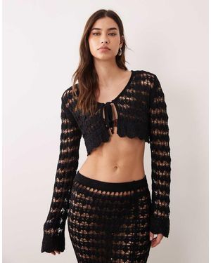 Miss Selfridge Gehaakt Vest Met Lange Mouwen En Gestrikte Voorkant - Zwart