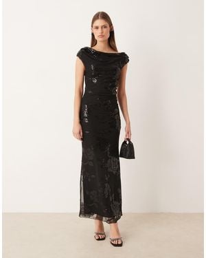 Gina Tricot Fallen Off One Shoulder Asymmetric Sequin Maxi Dress - Natural