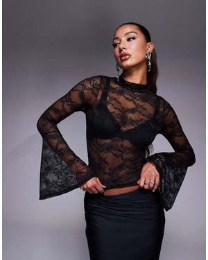 ASOS Fluted Cuff Lace Mock Neck Top - Grey